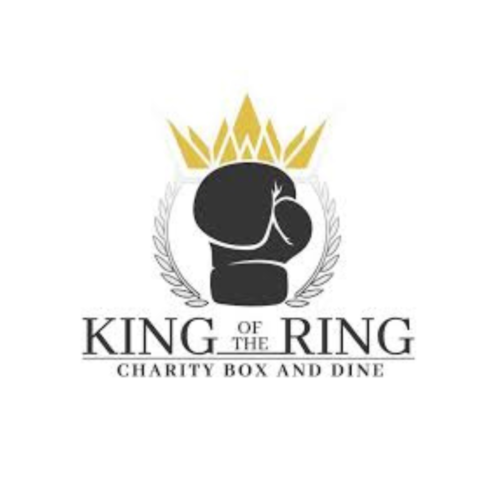 Logo with a black boxing glove, laurel wreath, and a gold crown, alongside the text 'King of the Ring Charities Box and Dine'.