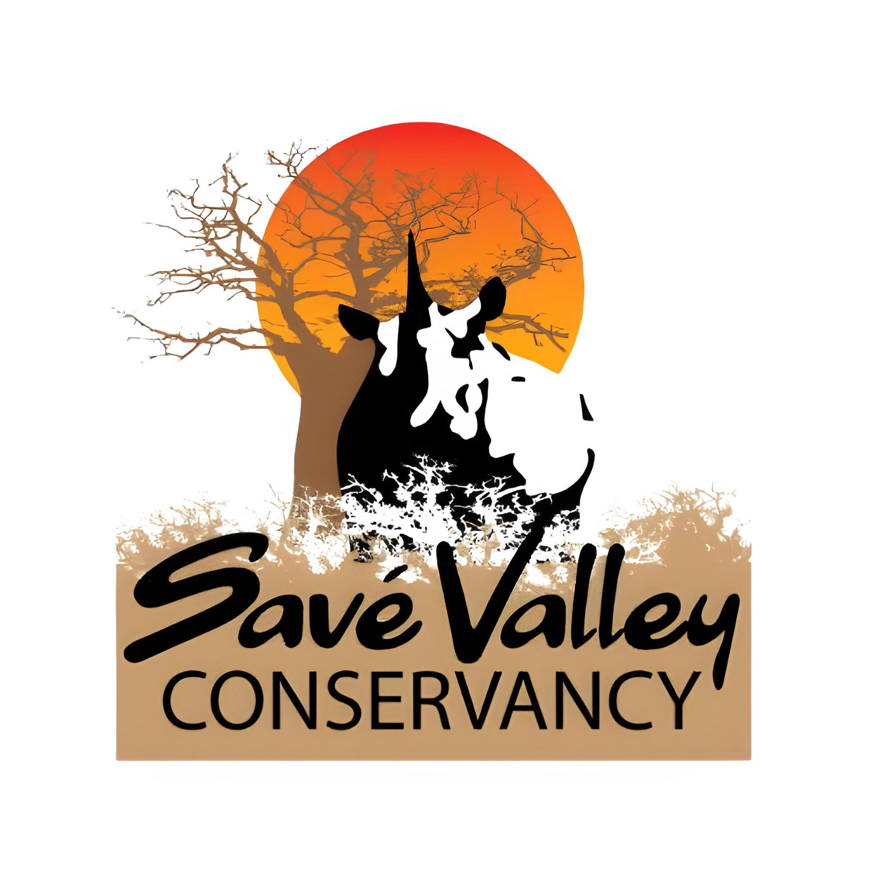 Logo for Save Valley Conservancy featuring a black and white cow silhouette, a leafless tree, and an orange sunset in the background with the text 'Save Valley Conservancy' underneath.