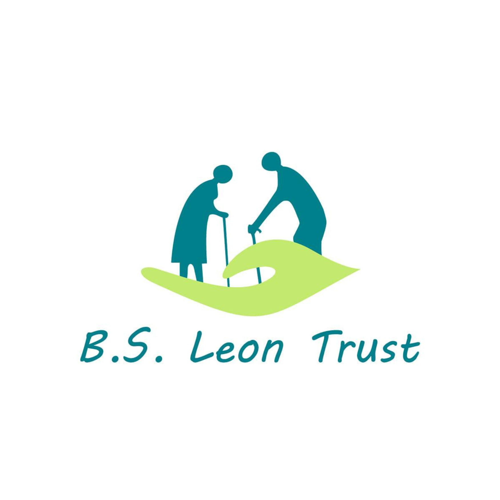 Logo of B.S. Leon Trust featuring silhouettes of an elderly man and woman walking with canes on a green hand shape, with the organization's name written below.
