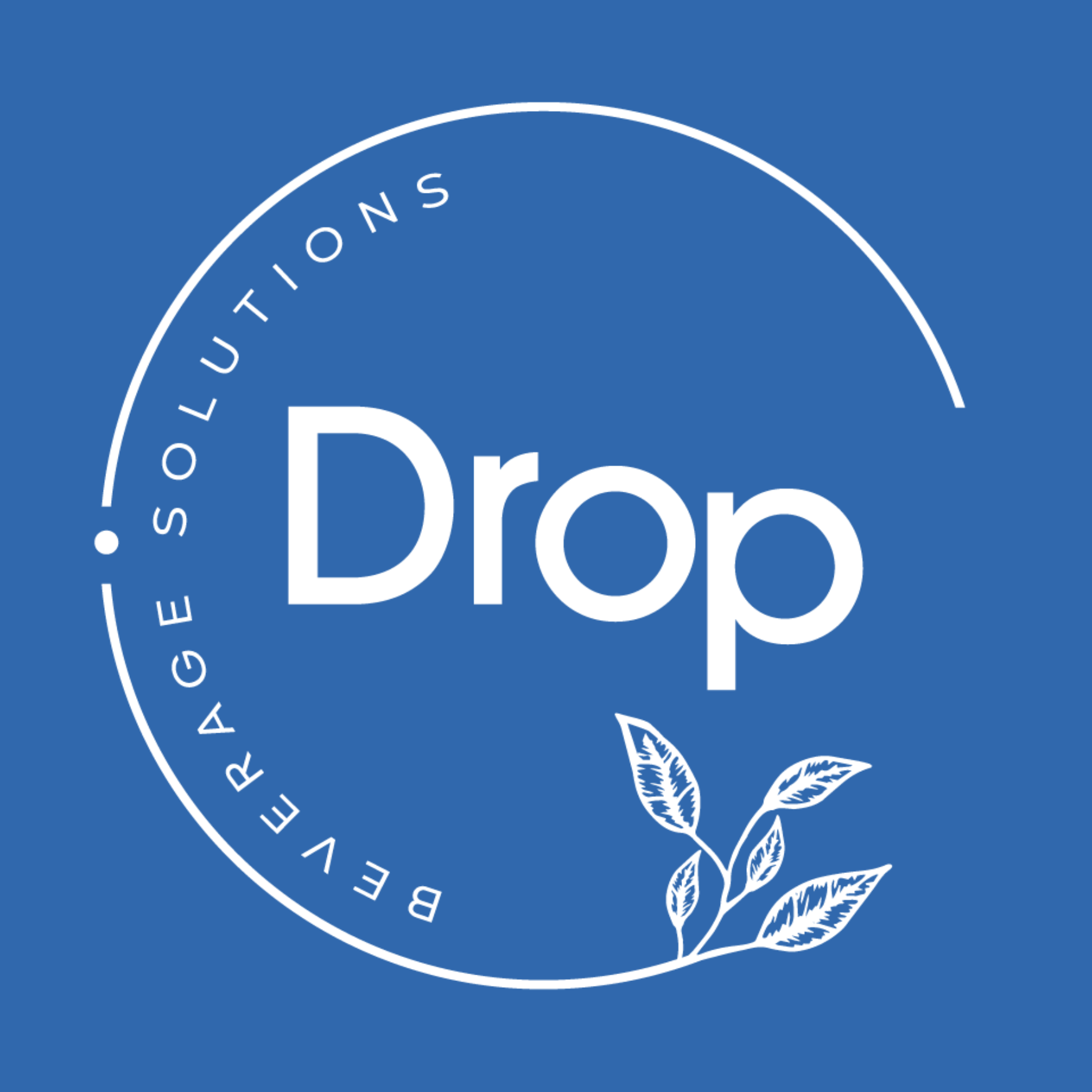 A circular logo with a blue background featuring white text that says 'Drop' in the center. Around the top within the circle, it reads 'BEVERAGE SOLUTIONS'. A small illustration of a leafy branch is at the bottom right of the circle.