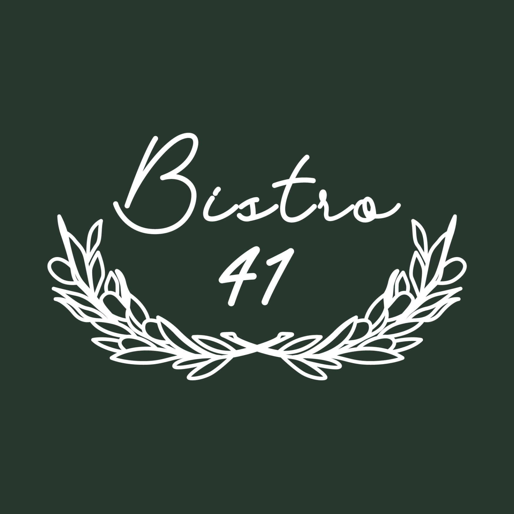 White text on a dark green background that reads 'Bistro 41' with a decorative laurel wreath underneath.