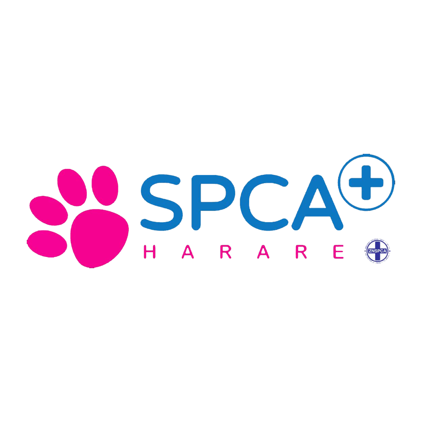 Logo of SPCA Harare featuring a pink paw print, blue text, and symbols indicating veterinary services.