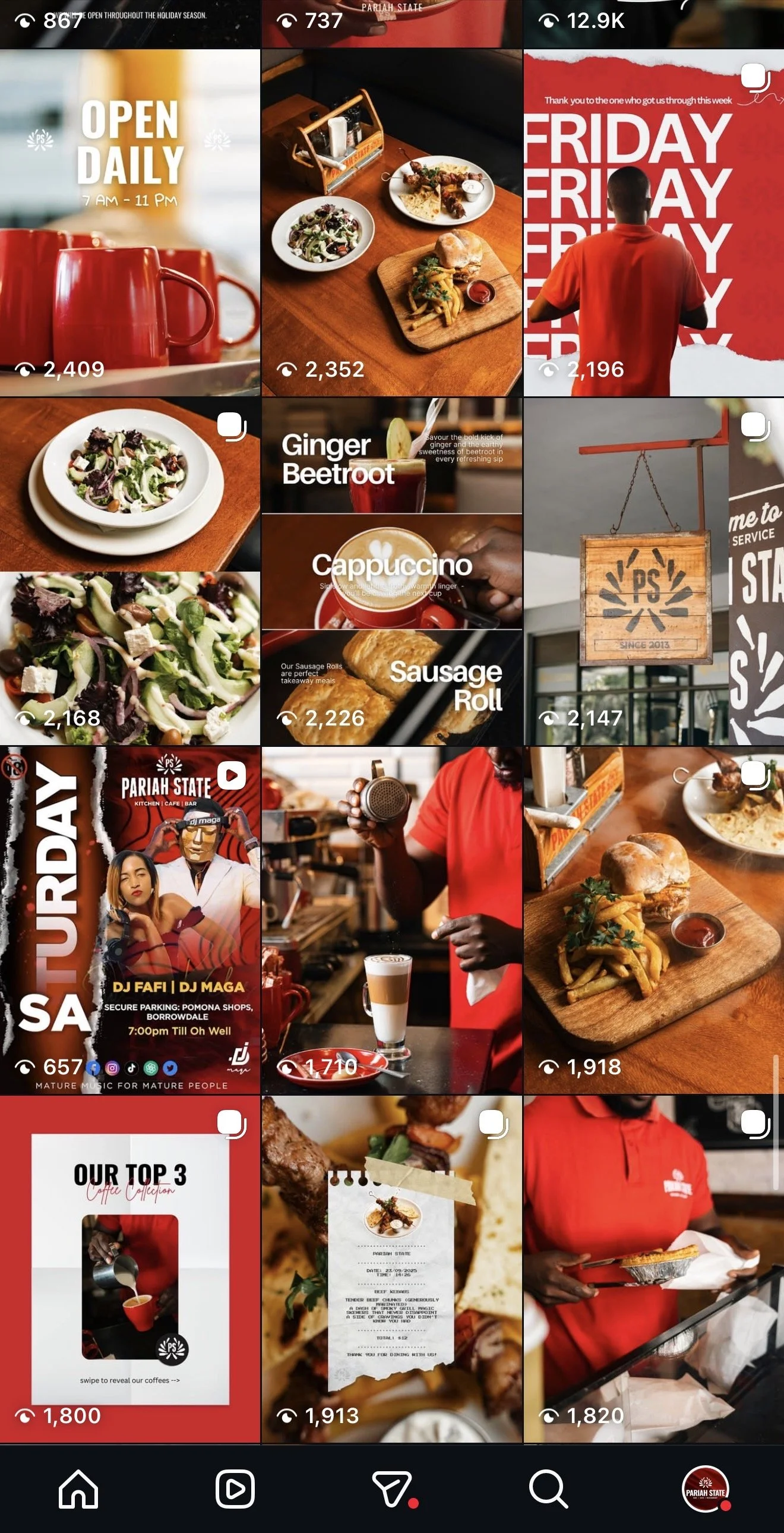 Collage of images from a restaurant, including food dishes such as salads, sandwiches, and coffee drinks, restaurant signage, a person preparing coffee, promotional posters, and a woman holding a food tray.