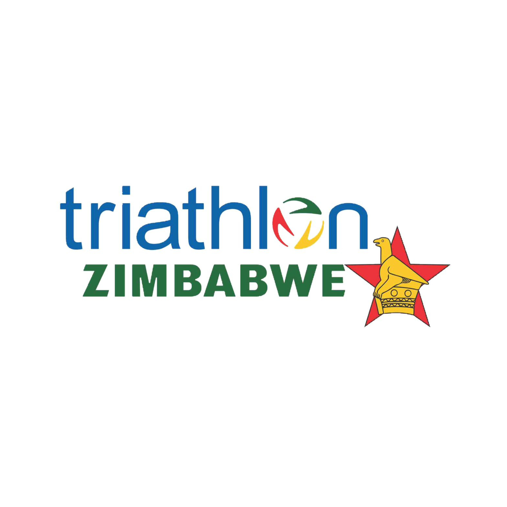 Logo for the Zimbabwe Triathlon, featuring the words 'triathlon ZIMBABWE' with a colorful design element and a red star with a yellow Zimbabwean bird emblem.