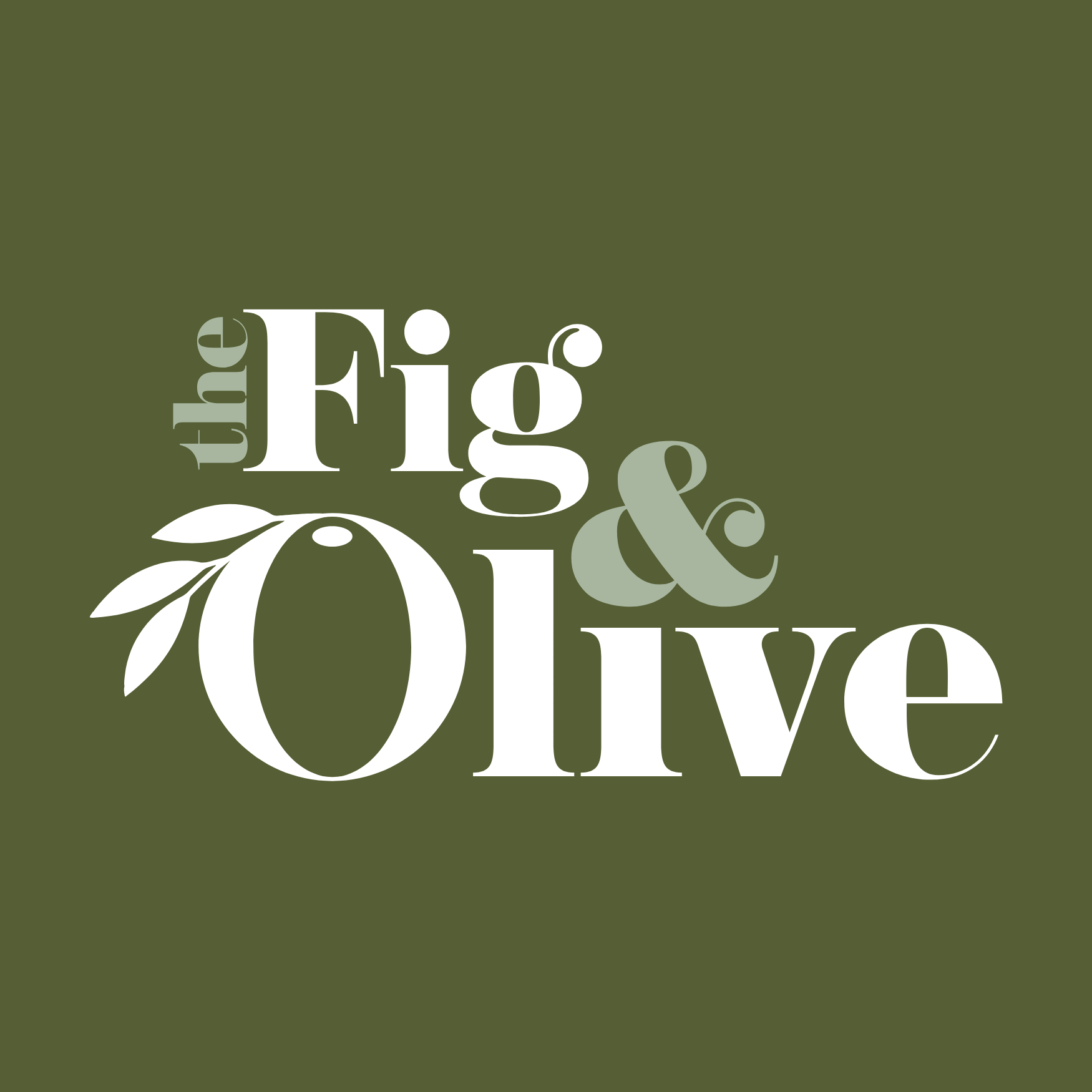 Text graphic with the words 'the Fig & Olive' in white and gray font on a green background, with a simple olive branch illustration.