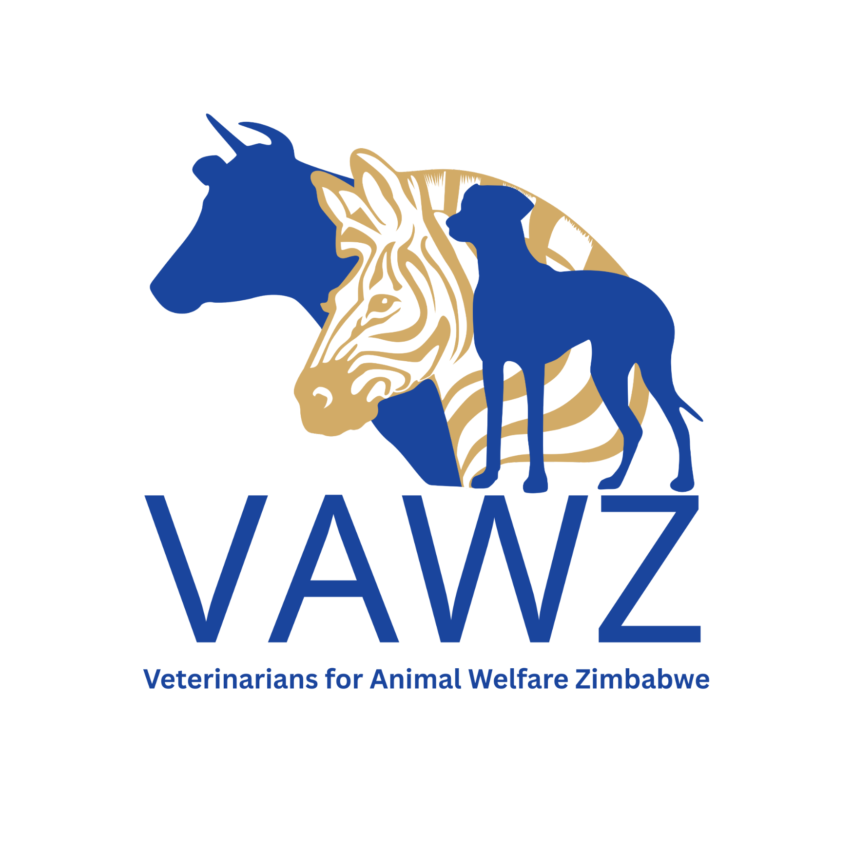 Logo for Veterinarians for Animal Welfare Zimbabwe featuring silhouettes of a cow, zebra, and dog in blue and gold.