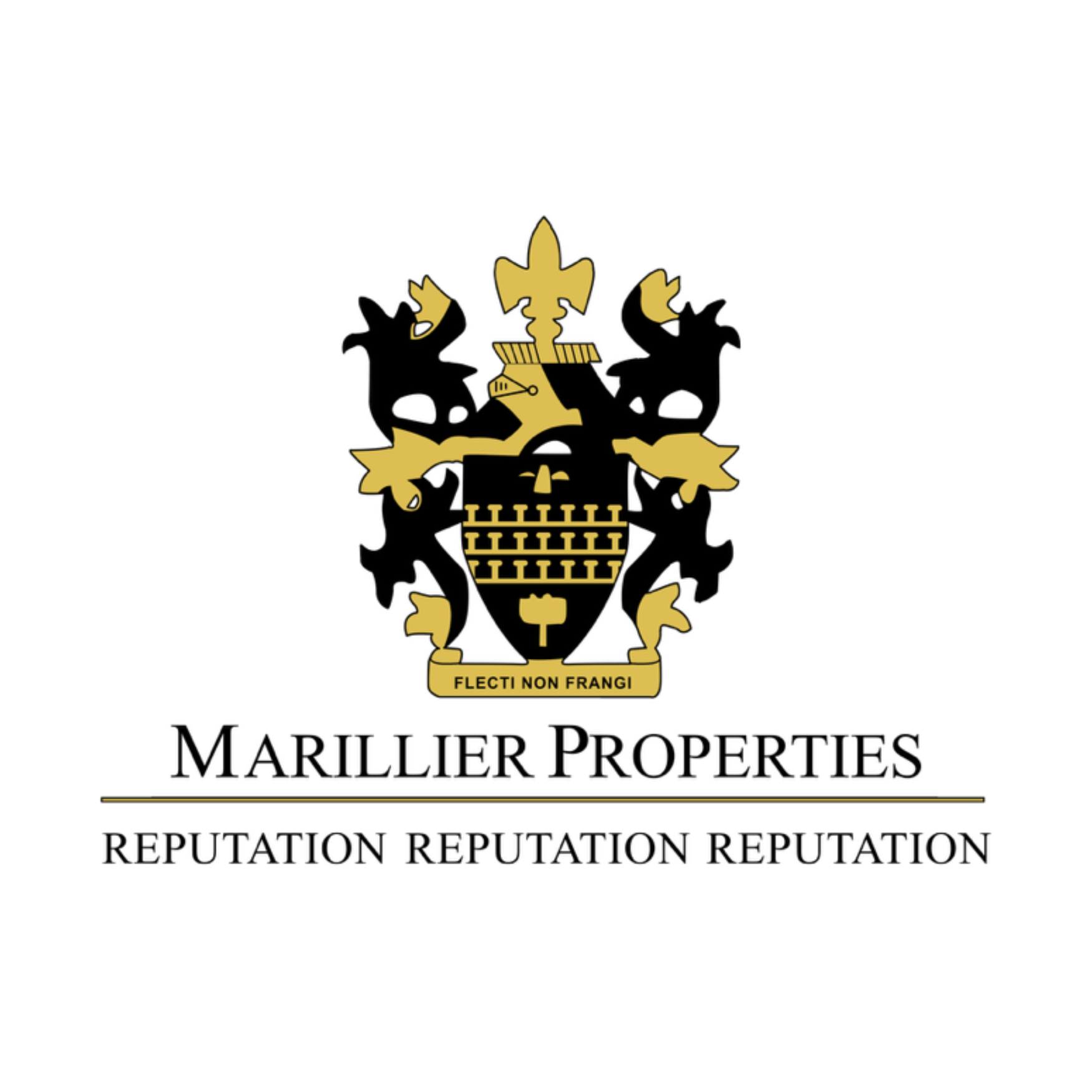 A crest featuring two black dragons and medieval elements, with the words "Marillion Properties" and the slogan "Reputation Reputation Reputation."