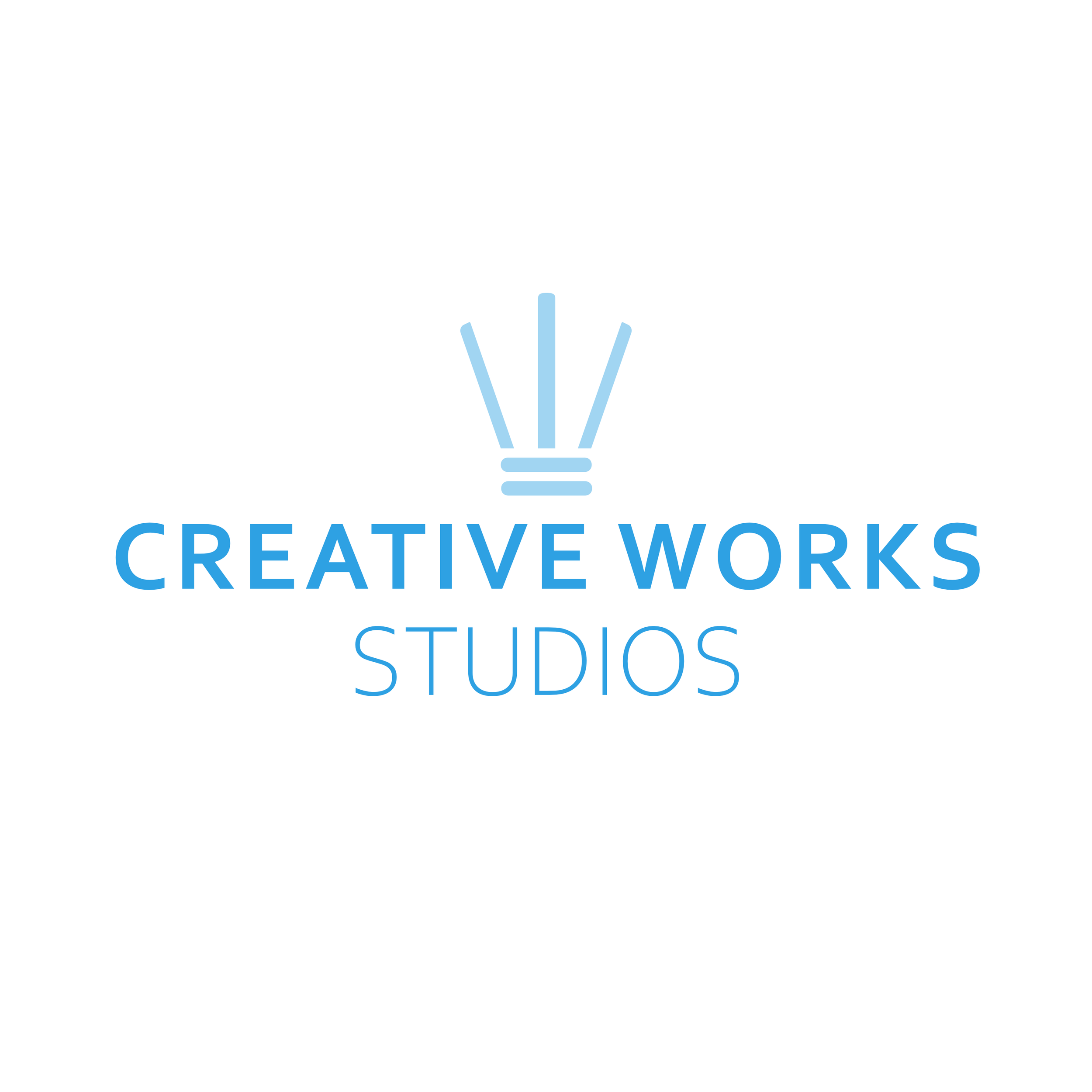 Logo for Creative Works Studios featuring a stylized light bulb icon in blue, with the words "Creative Works" in bold blue letters and "Studios" in lighter blue beneath.