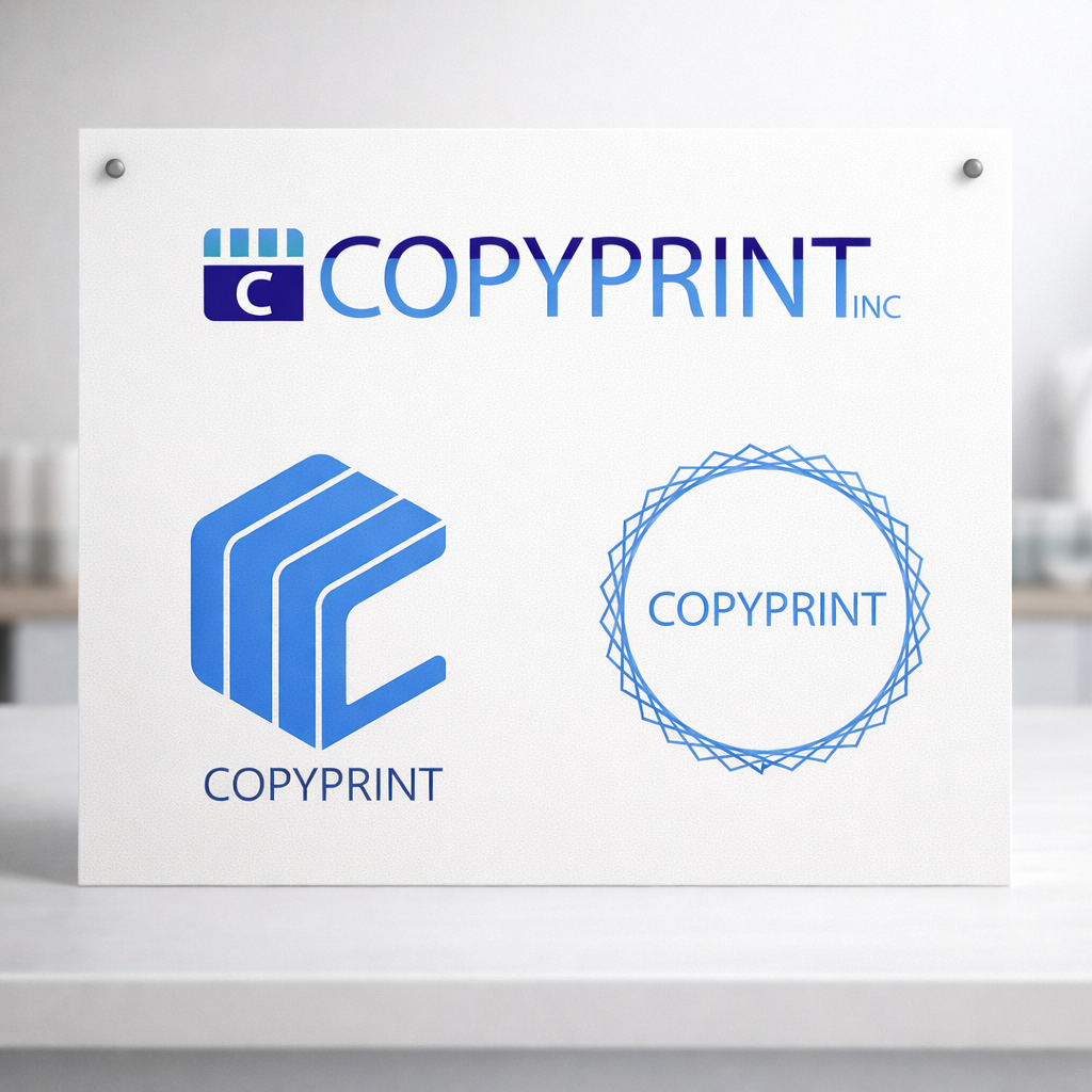 A printed display with three different blue logos for 'COPYPRINT INC'. The top logo includes a stylized printer icon and text, the bottom left logo features a geometric shape with text, and the bottom right logo is circular with layered geometric borders and text inside.