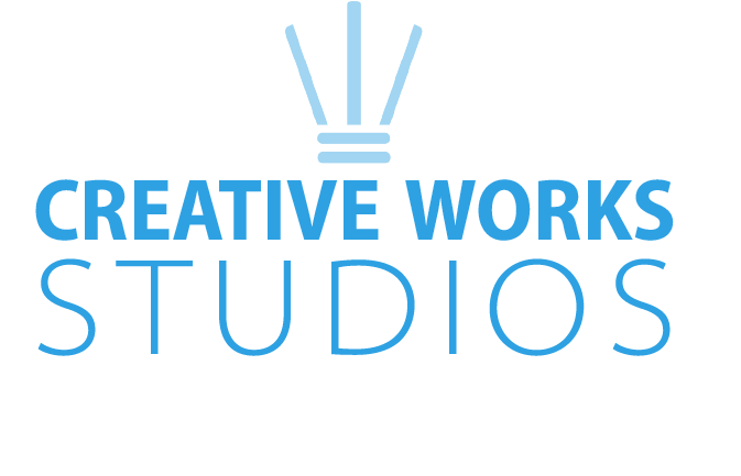 Logo with a stylized light bulb above the words "Creative Works Studios" in blue text