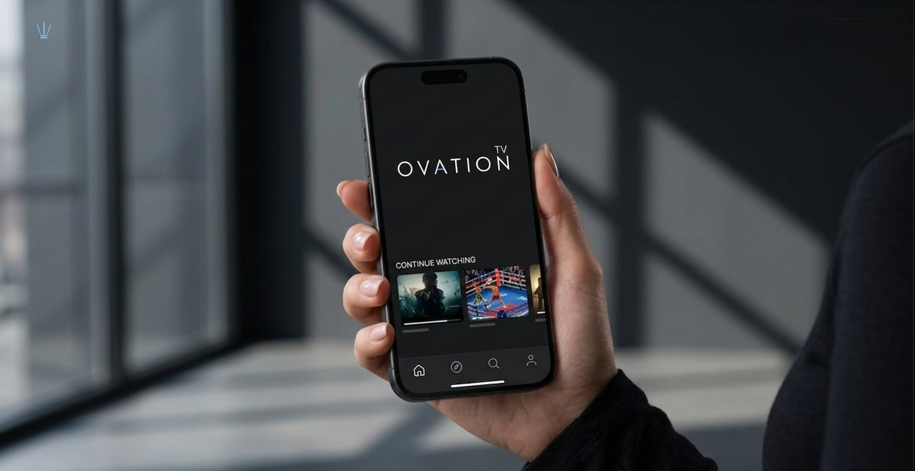 Person holding a smartphone displaying the OVATION TV app interface inside a modern building with large windows.