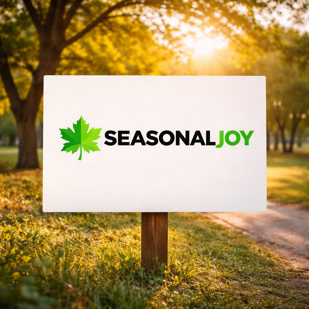 A sign on a wooden post in a park displaying the words 'SEASONAL JOY' with a green leaf logo on a sunny autumn day with trees and fallen leaves.