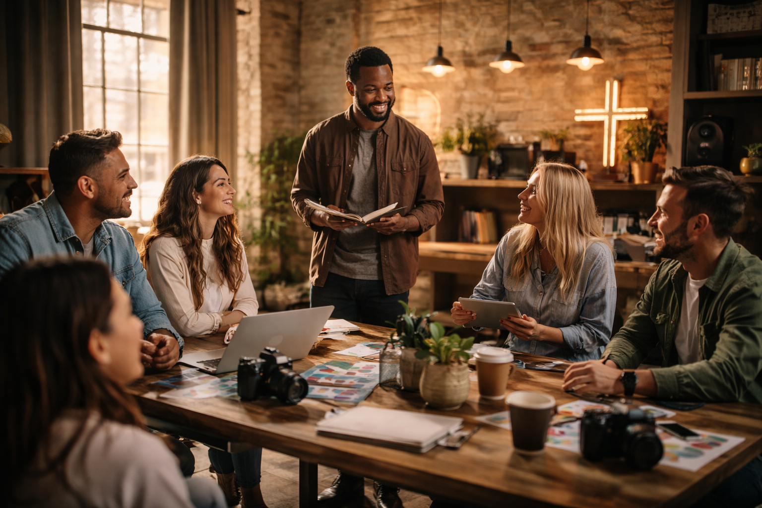A diverse group of six people in a meeting room, smiling and listening to a man standing and speaking, holding a book. The room has a rustic brick wall, shelves, plants, and a cross-shaped light in the background.
