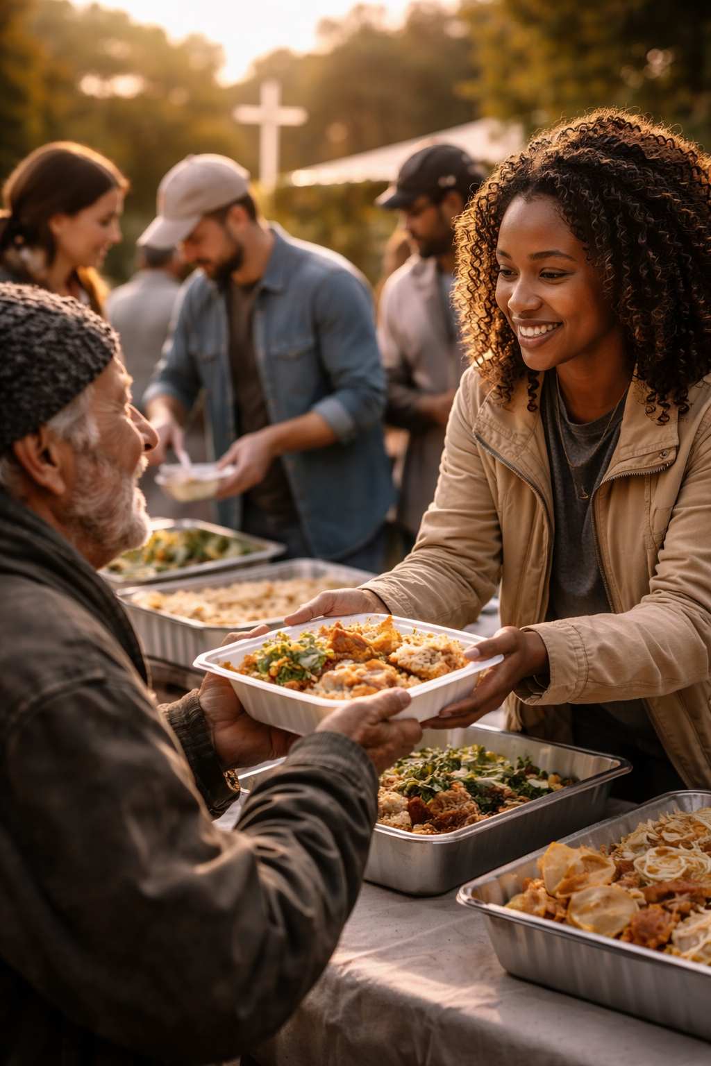 A young woman smiles as she hands a plate of food to an elderly man at an outdoor gathering during golden hour. There are multiple serving trays of food on the table, and several people in the background are serving themselves or waiting in line. The scene appears to be a community meal, with trees and a cross in the background.
