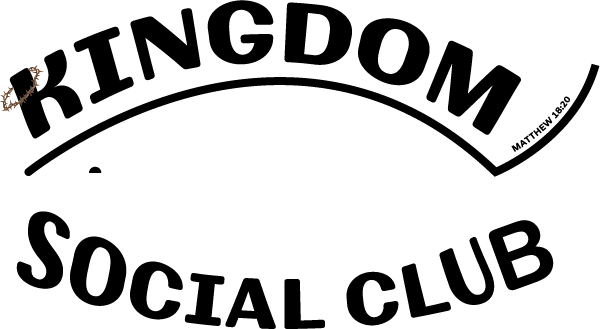 Logo for Kingdom Social Club featuring stylized letters containing a crown of thorns, with the words Kingdom Social Club surrounding a icthys with the scripture Matthew 18:20.