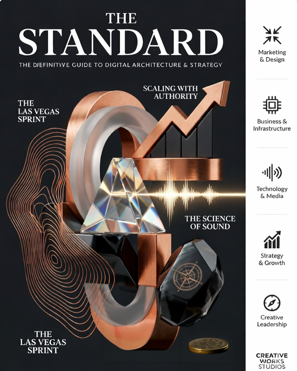 Cover of a book titled "The Standard: The Definitive Guide to Digital Architecture & Strategy". The cover features a modern graphic design with geometric shapes, a rising arrow, sound wave, and a coin, representing sound science and growth themes. The right side has icons for marketing, business, technology, strategy, leadership, and creative work.