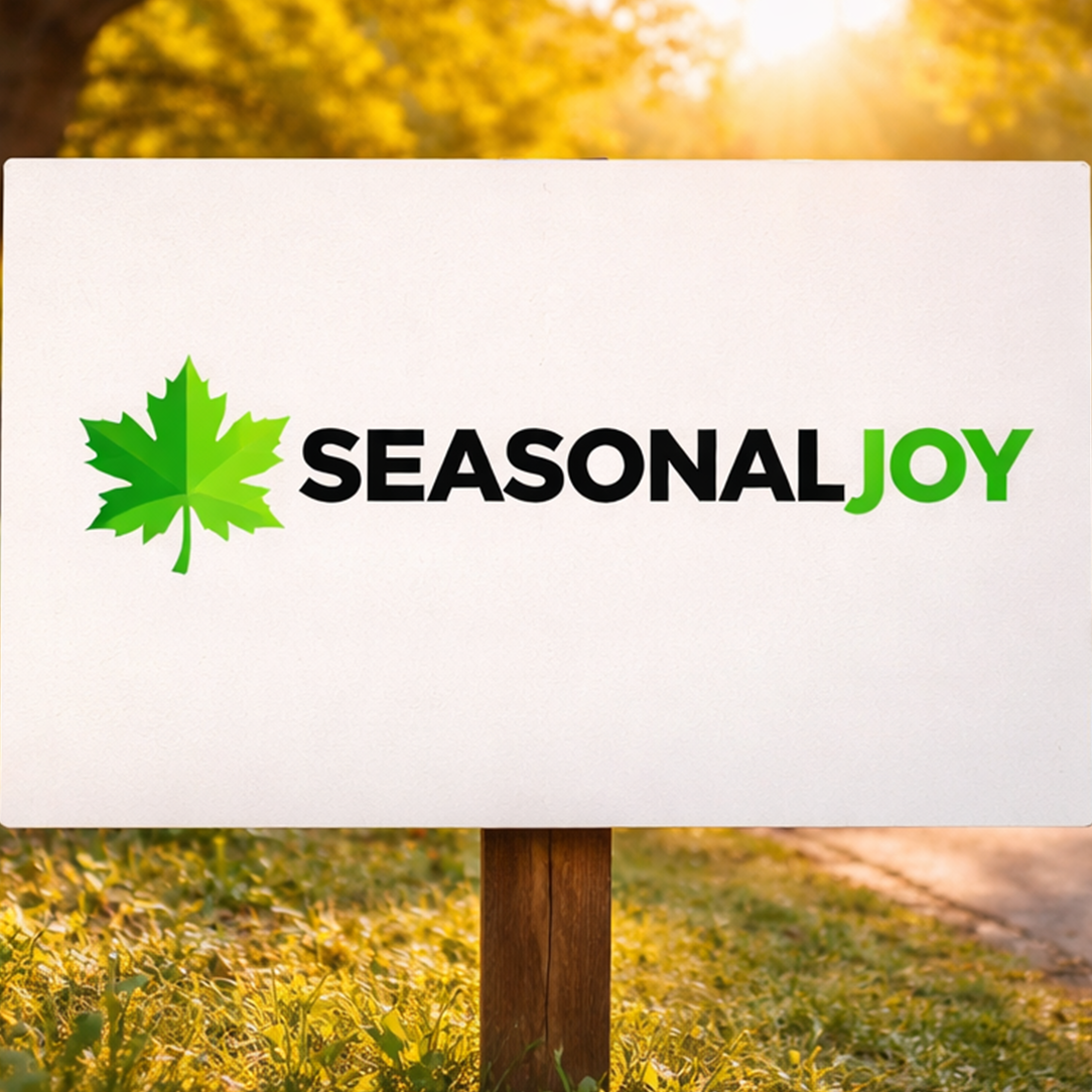 A sign with a green maple leaf and the text 'SEASONAL JOY' in black and green, set outdoors with sunlight and autumn foliage in the background.