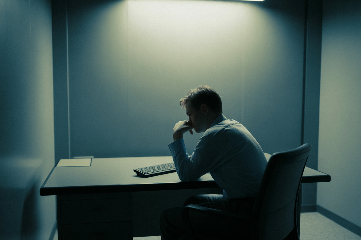 A solitary figure sits at a desk, hand hovering over keyboard in hesitation, soft spotlight from above casting shadows in an otherwise empty room—visualizing the moment of thought before expression that cognitive privacy seeks to protect.