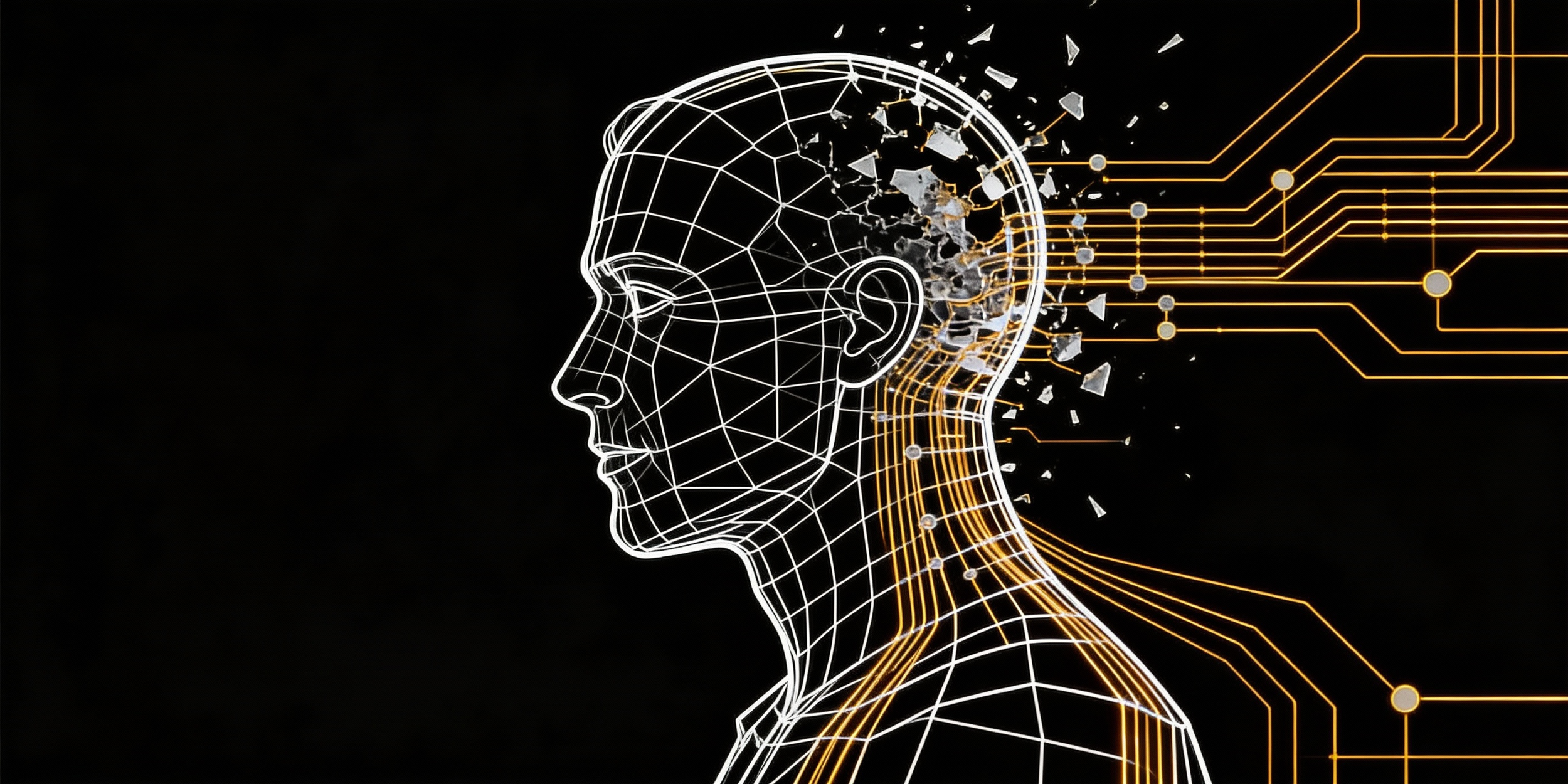Digital illustration of a human head with a wireframe design, with the right side crumbling and connecting to circuitry lines extending outward. Symbolizing cognitive atrophy.