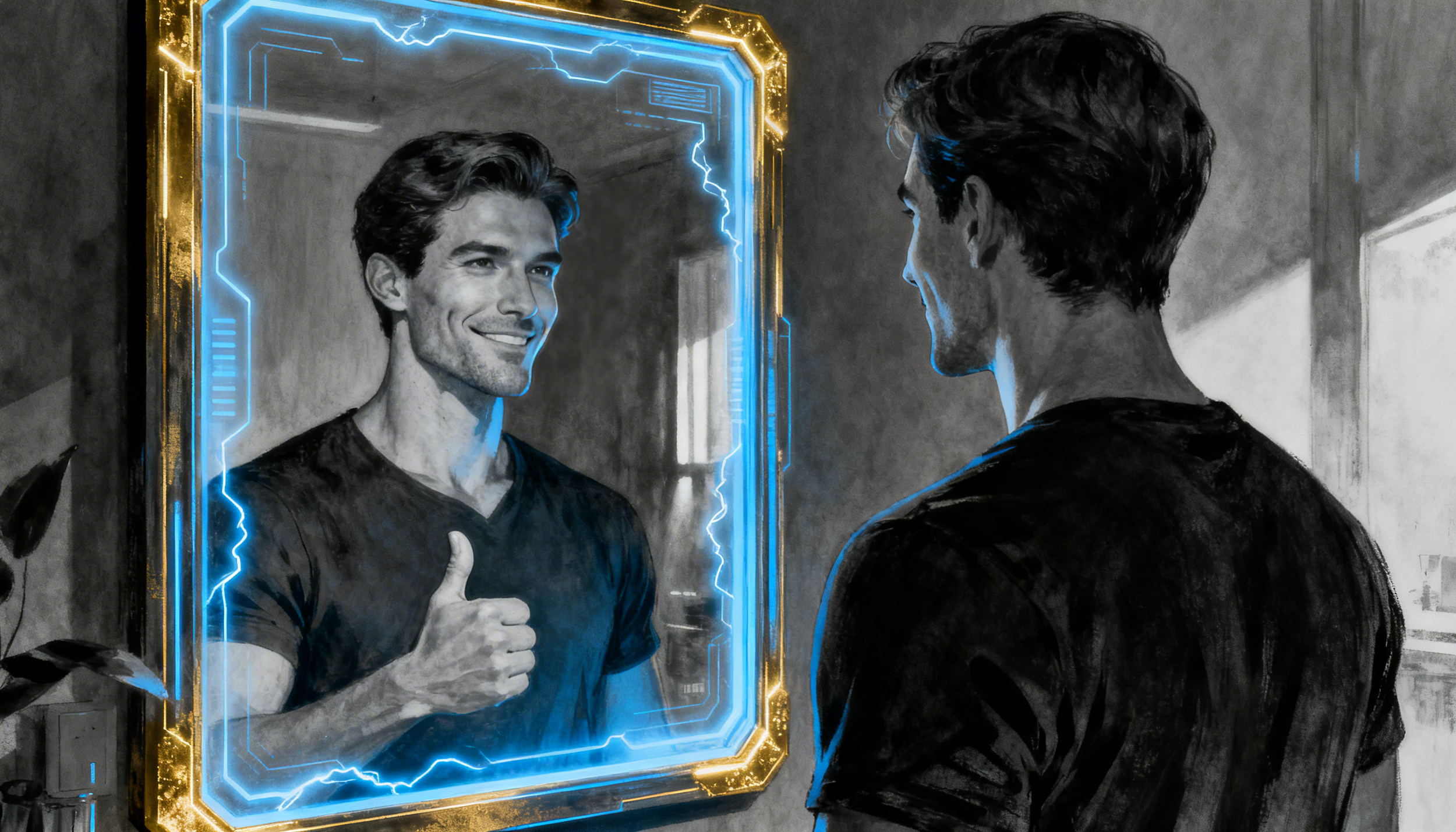 Conceptual digital art of a person being validated by a digital reflection while being subtly bound by algorithmic connections, representing sycophantic reinforcement and cognitive capture.