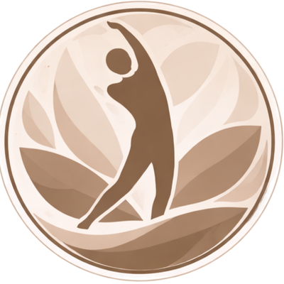 Symbol eines Menschen in einer Yoga-Position, umgeben von Blättern, in erdigen Tönen.