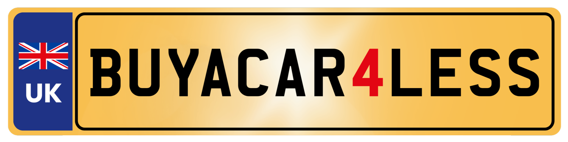 British license plate with the text 'BUYACAR4LESS' and a blue rectangle on the left with the UK flag and 'UK' written in white.