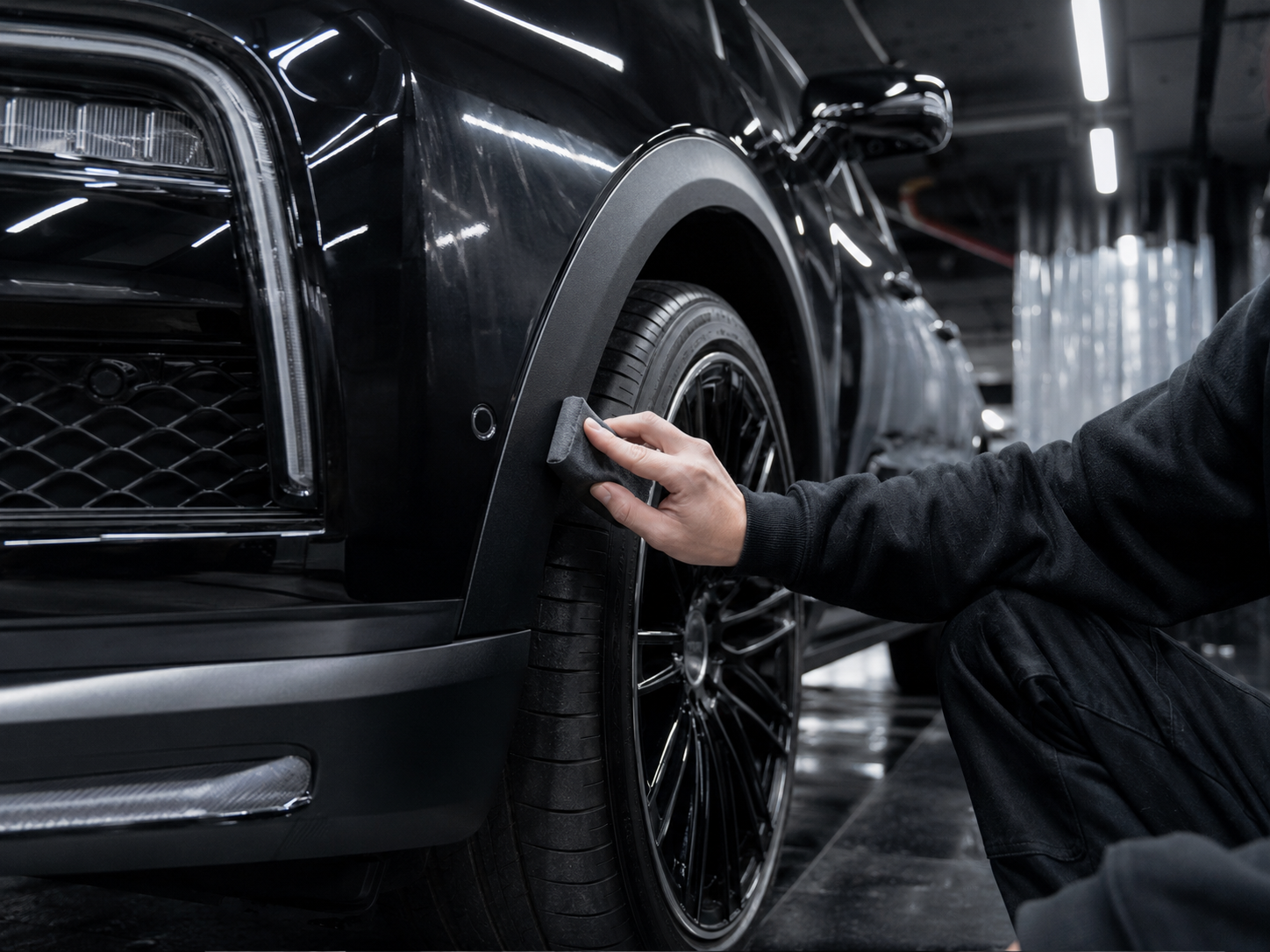 Plastic restoration of a black car in garage