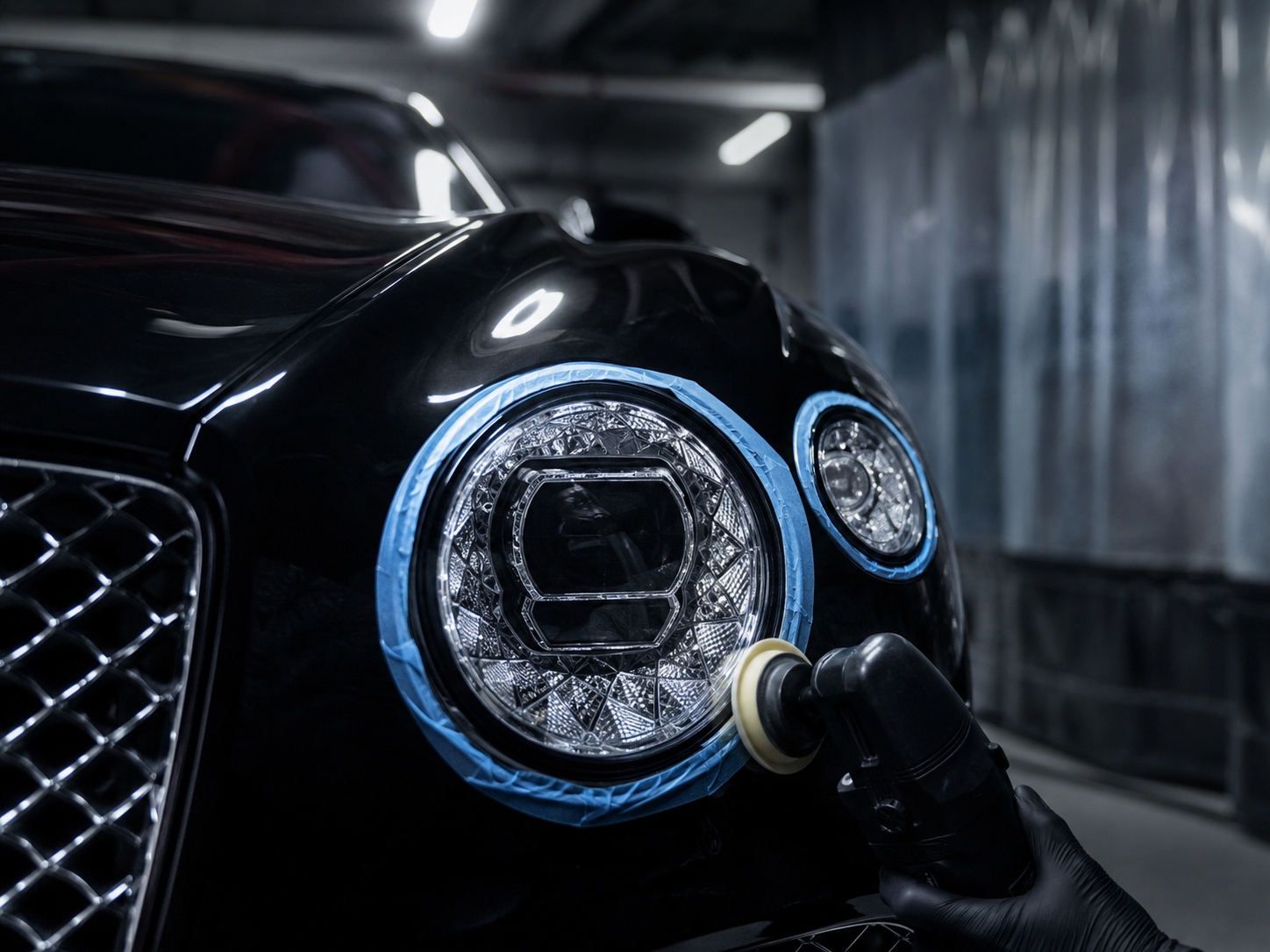 Close-up of a luxury car's headlight being refined with a polishing tool in a garage.