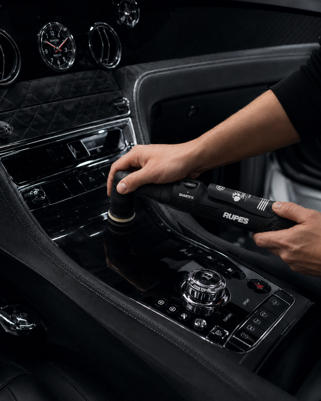 Polishing interior of a Bentley with Rupes Nano 2
