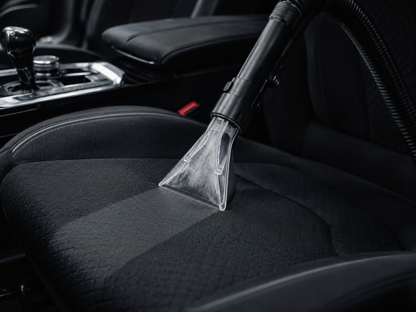 Car interior with a vacuum cleaner cleaning the seat fabric.