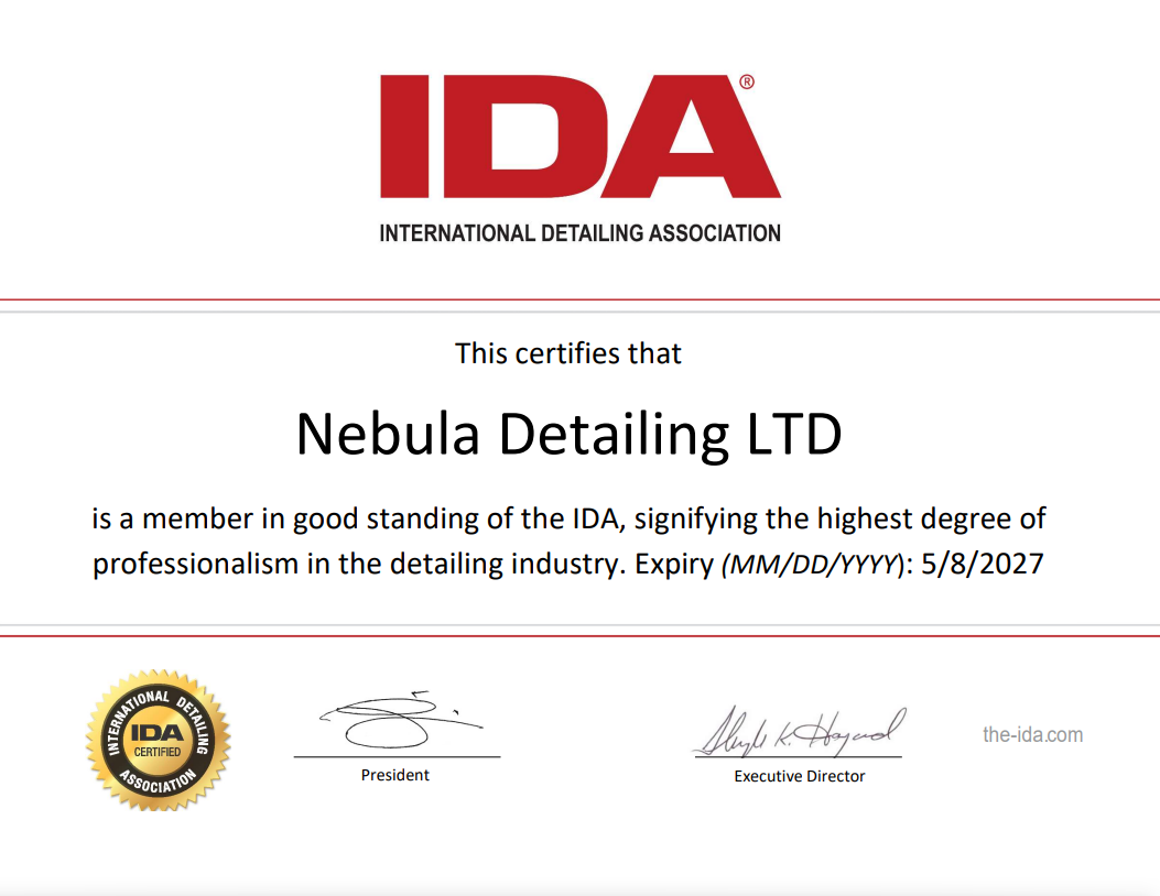 Certificate from the International Detailing Association awarded to Nebula Detailing LTD, signed by the President and Executive Director, with IDA logos.