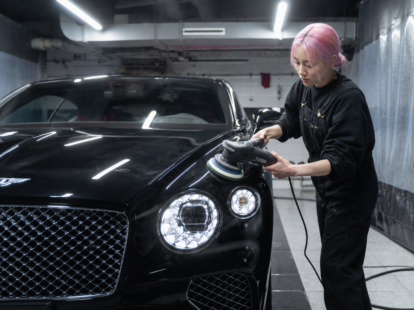 Woman with pink hair polishing black luxury car in garage.