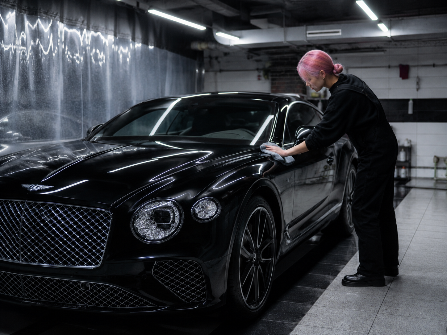Girl taking care of black Bentley in a garage