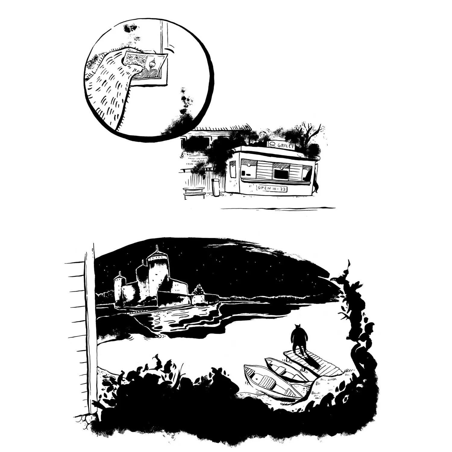 Näytesivu sarjakuvasta Hukassa kirjassa Aleksis Kiven päivä. Asema kustannus 2006.