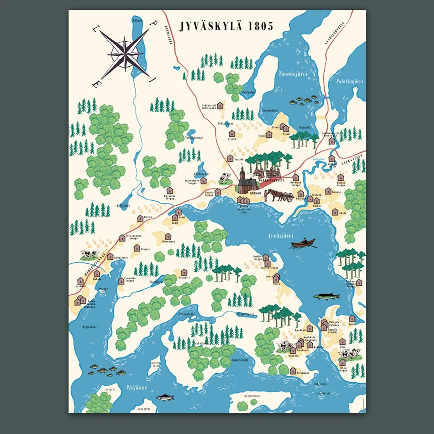 Kuvitettu iso seinäkartta. Keski-Suomen Museo 2020.