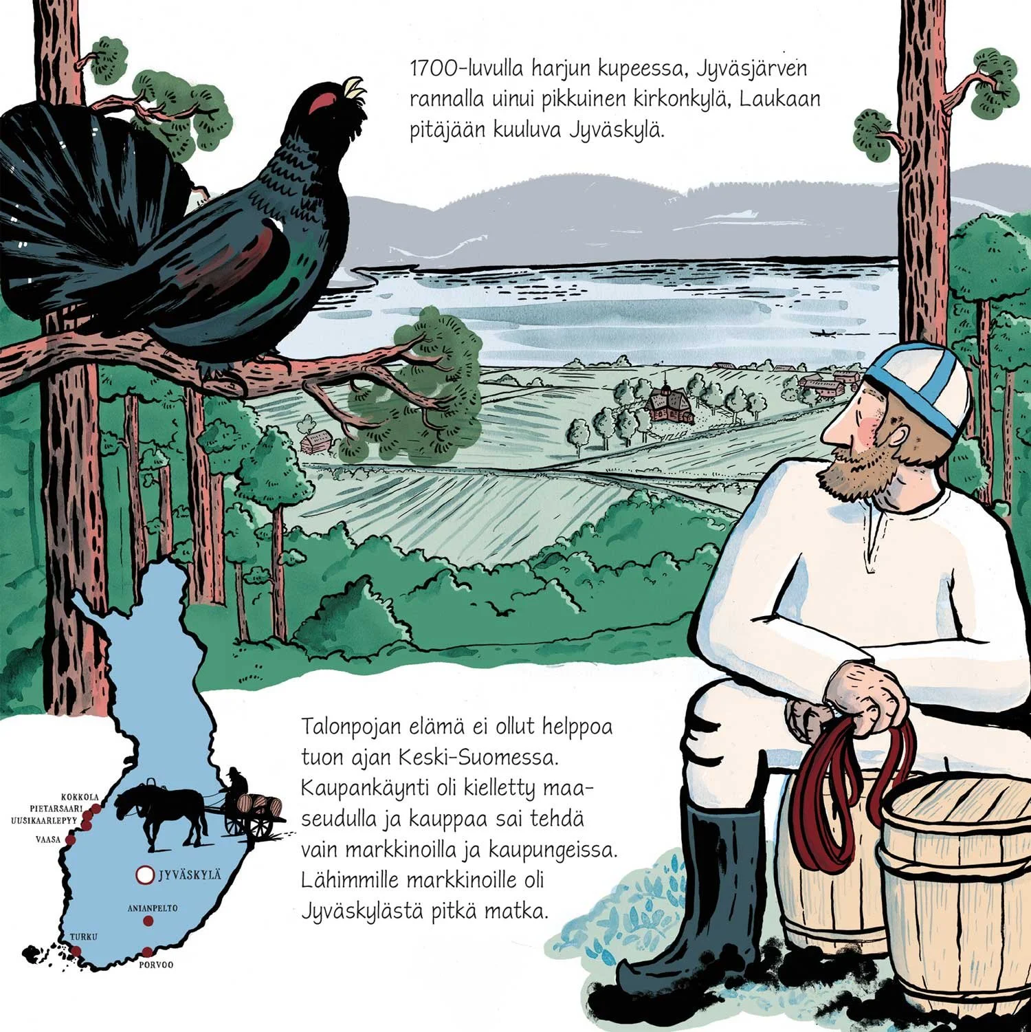 Näytesivu kirjasta Jyväskylä – kylästä kaupungiksi. Sarjakuva Jyväskylän kaupungin perustamisesta. Keski-Suomen museo 2021.