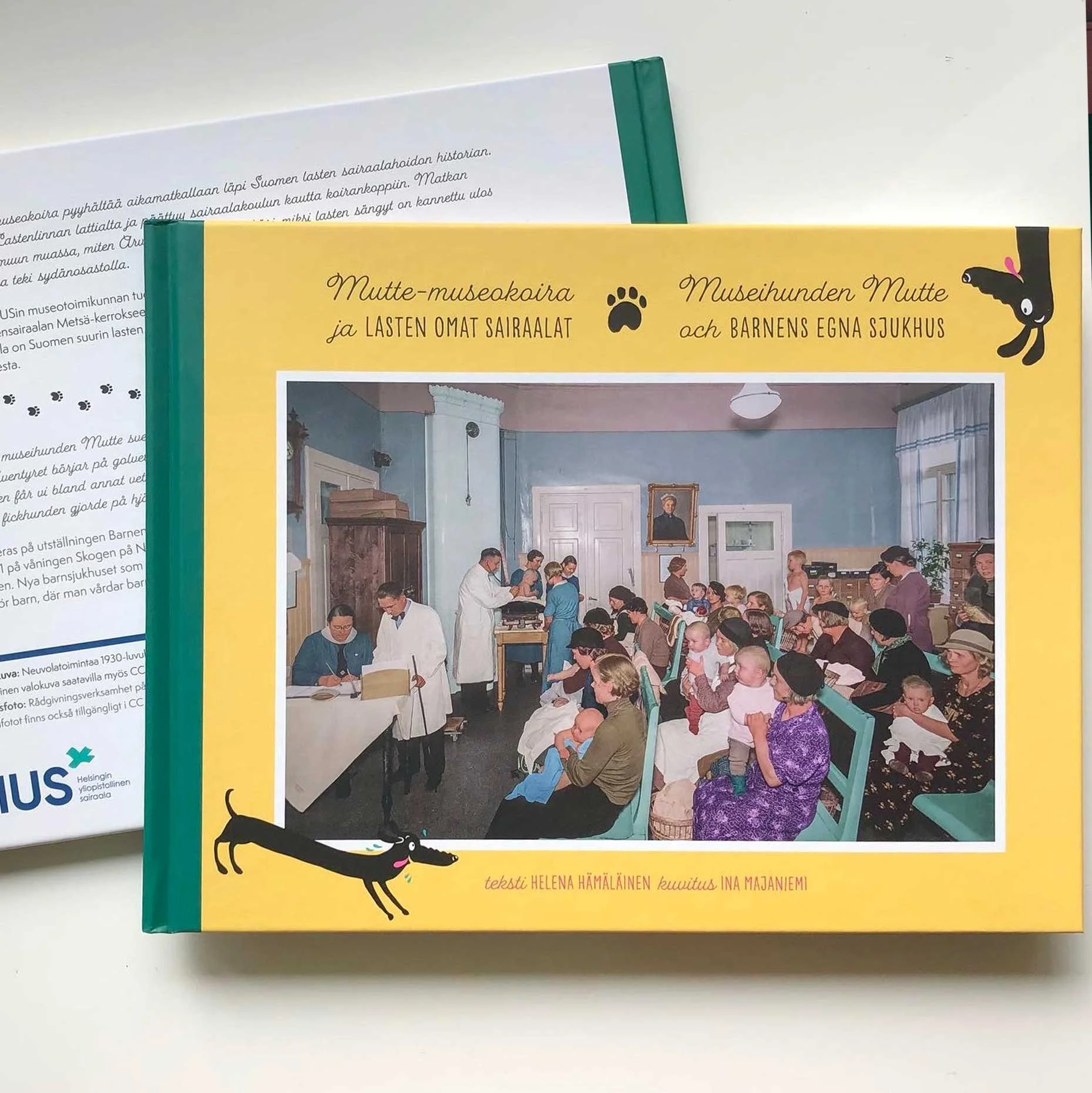 Graafinen suunnittelu, taitto ja kuvitukset Mutte-museokoira ja lasten omat sairaalat -⁠kirjaan. HUS museotomikunta 2021.