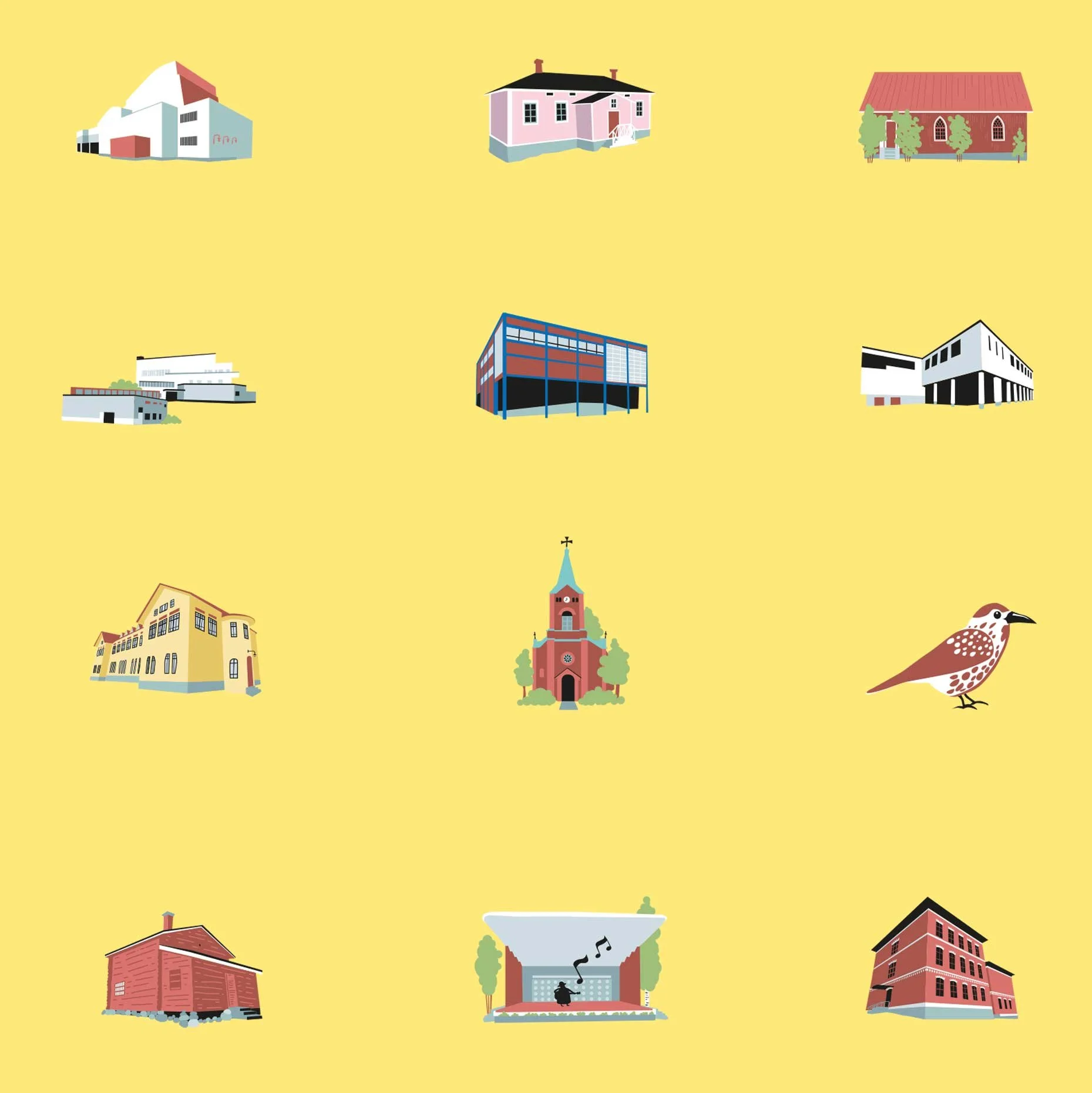 Kohdesymbolit Jyväskylän Taidekatu -appiin. Kudos-projekti 2024.