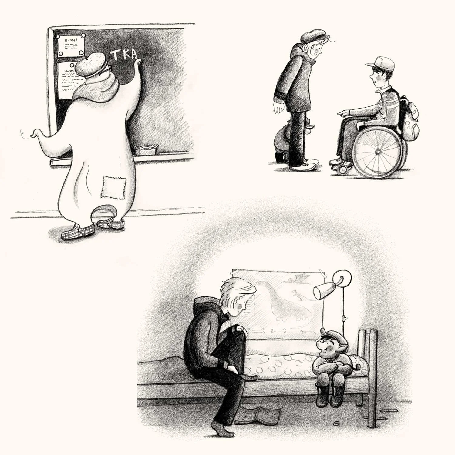 Kuvitusta kirjaan Herkko ja tapaus Pöttersön. Myllylahti 2022.