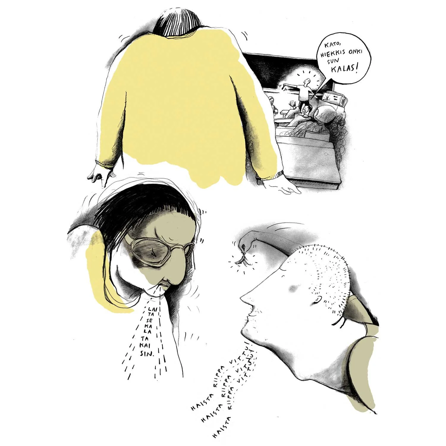 Näytesivu sarjakuvasta Pajulinnun laulu kirjassa kirjassa Glömp 8. Boing Being 2006.