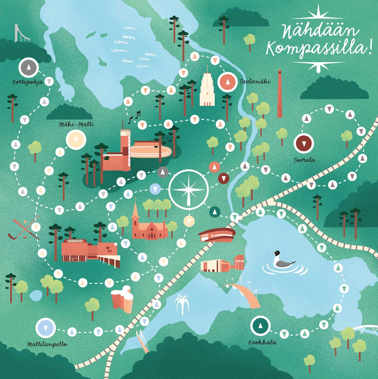 Lautapeligrafiikka Jyväskylä-peliin: Nähdään Kompassilla! Pepitum 2020.