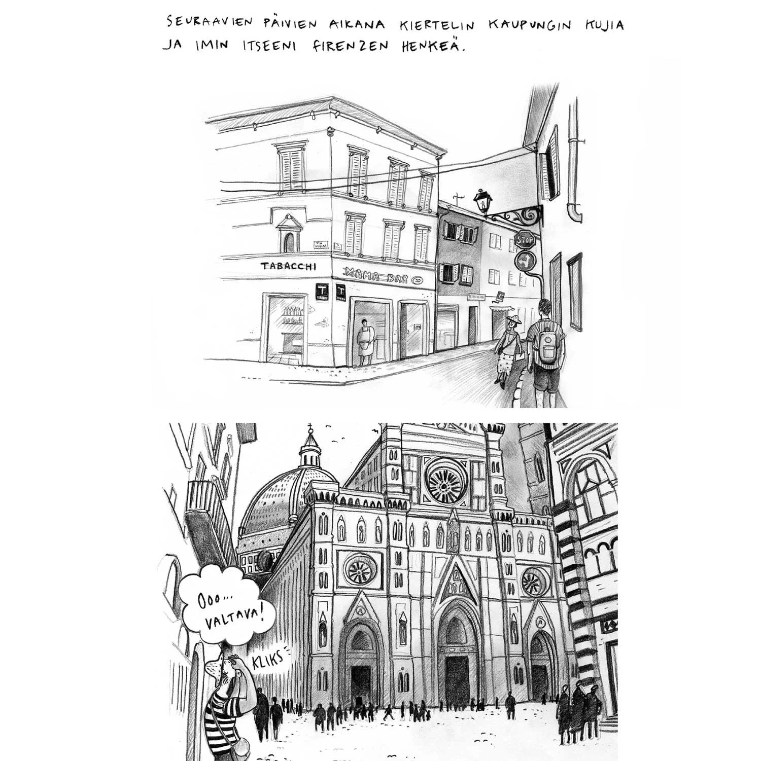 Näytesivut Huone yhdelle -⁠sarjakuvakirjasta. Omakustanne 2017.