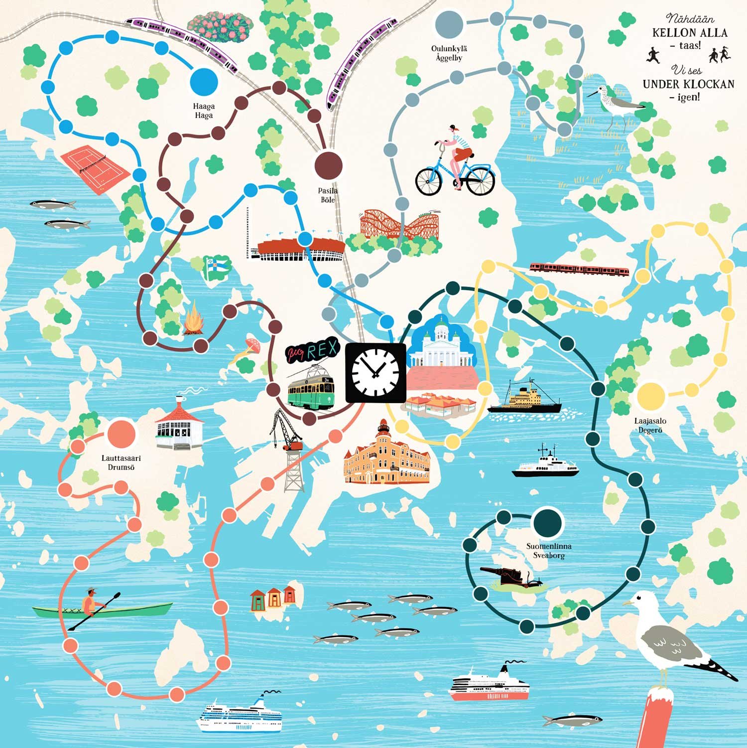 Lautapeligrafiikka Helsinki-peliin: Nähdään Kellon alla – taas! Pepitum 2025.