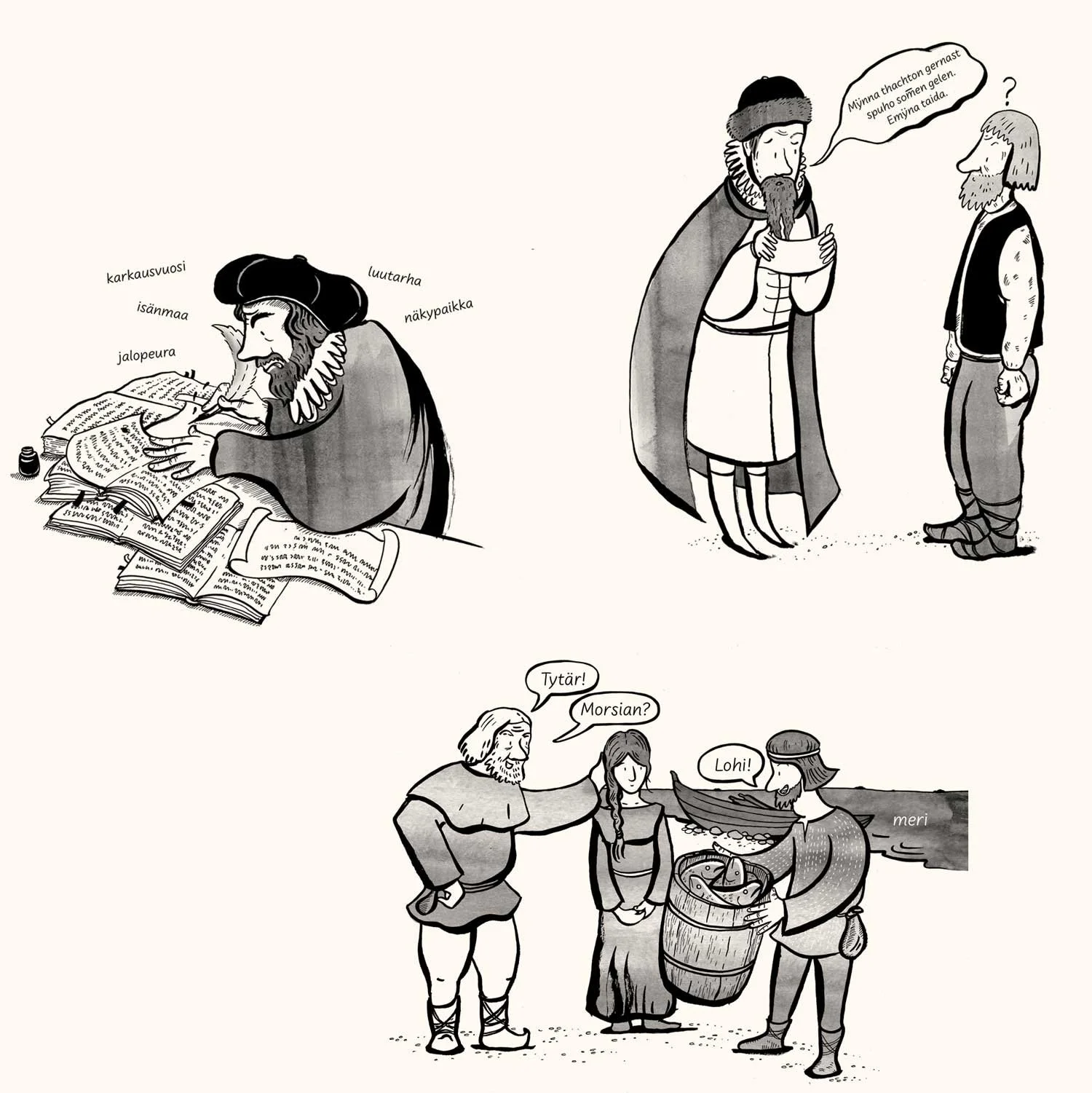 Selkokuvitus Kielen elämä – Suomen kieli eilisestä huomiseen -kirjaan. Laatusana 2022.