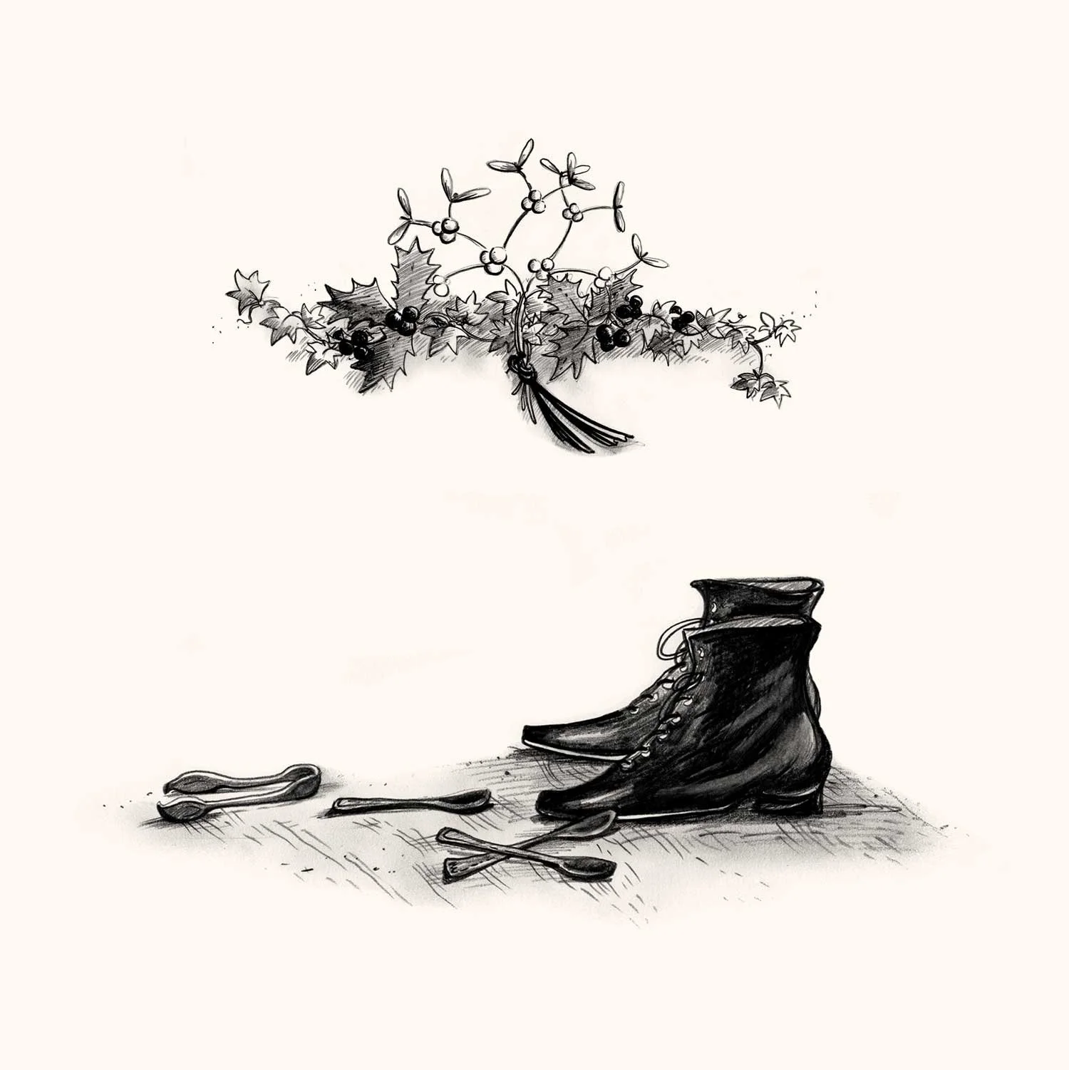 Kuvitusta kirjaan Saiturin joulu. Basam Books 2018.