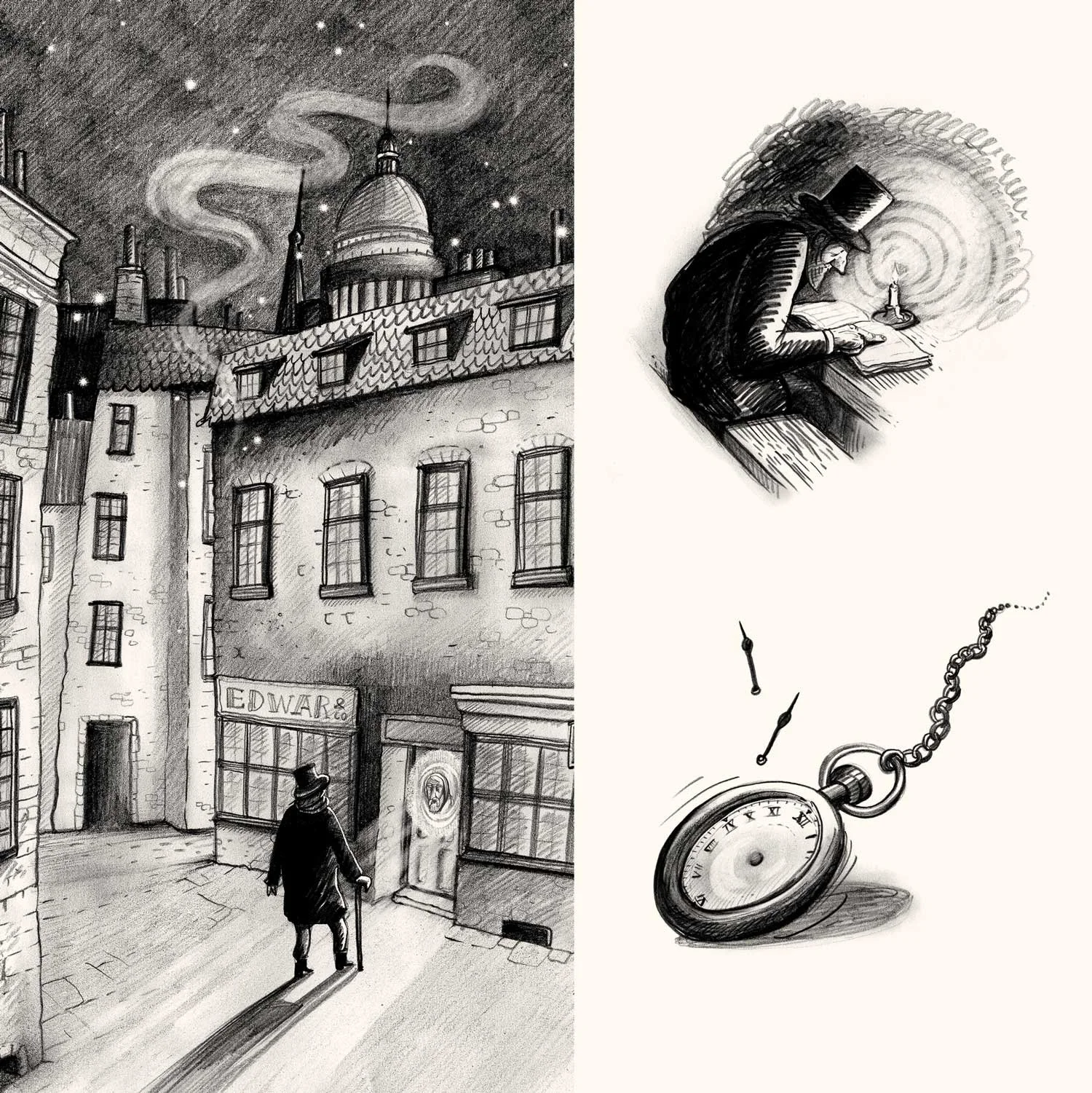 Kuvitusta kirjaan Saiturin joulu. Basam Books 2018.