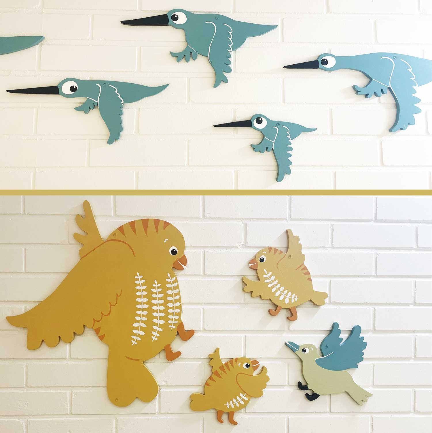 Käsin maalatut vanerilinnut Keljonkankaan neuvolaan. Jyväskylän kaupunki 2023.