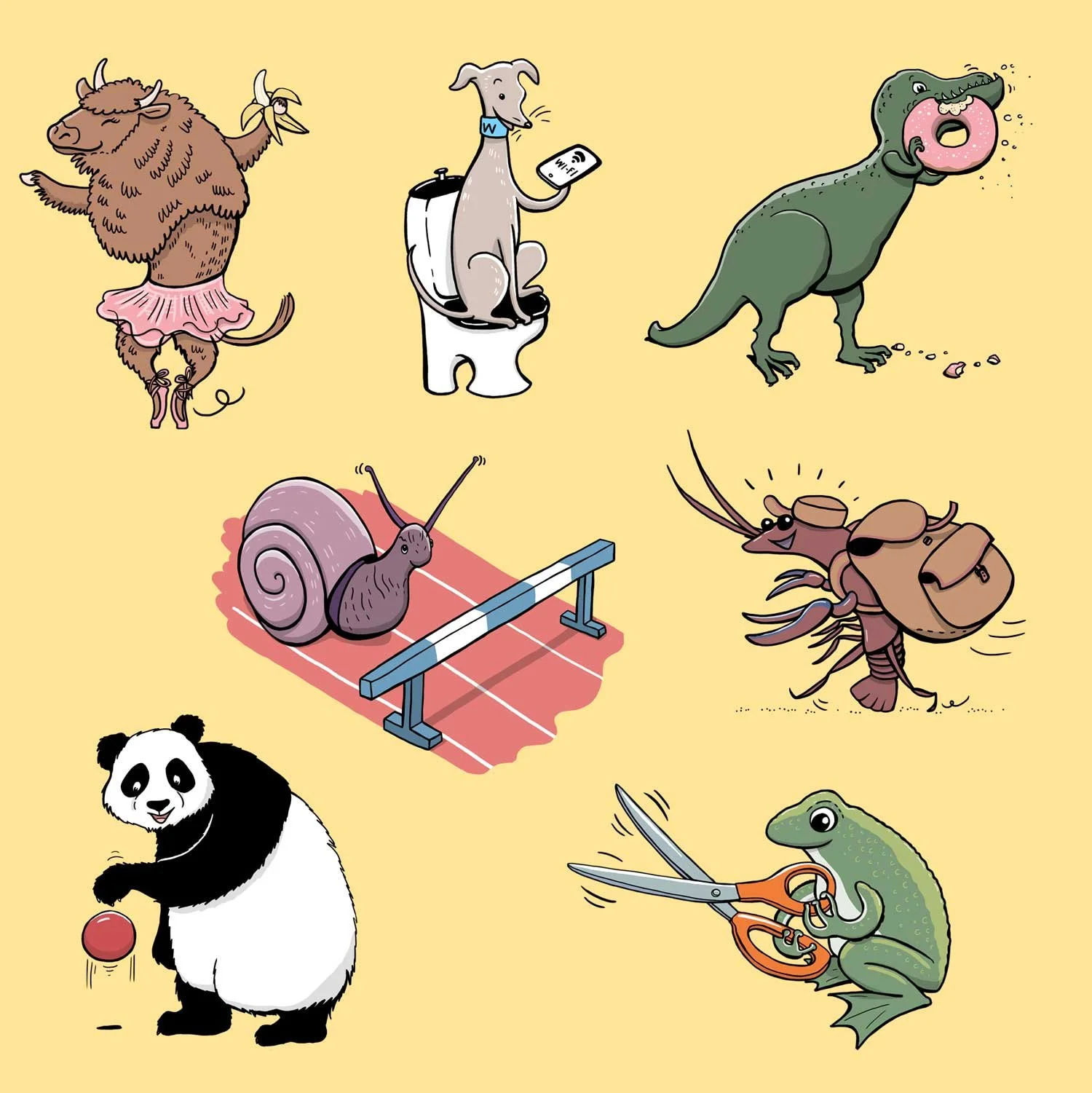 Aakkoskuvitukset Eläköön!-kirjaintauluihin. Edita 2023.