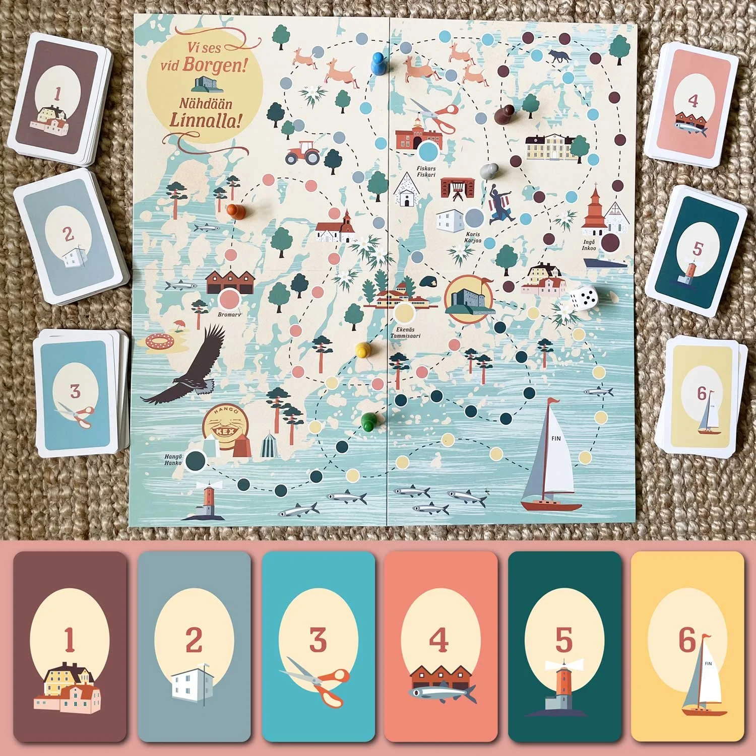 Lautapeligrafiikka Raasepori-peliin: Nähdään Linnalla! Pepitum 2023.