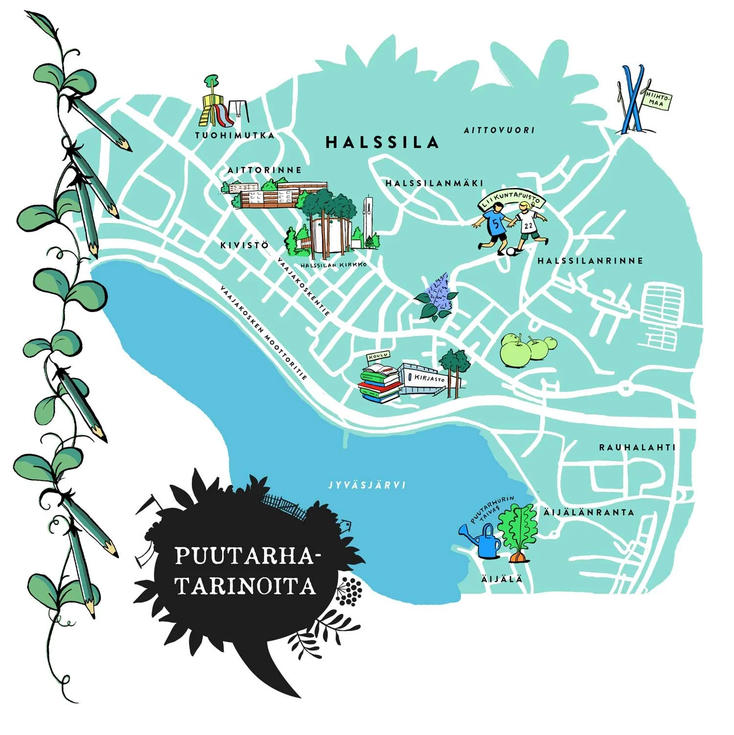 Kuvitettu kaupunginosakartta Puutarhatarinoita-hankkeeseen. Keski-Suomen museo 2017.